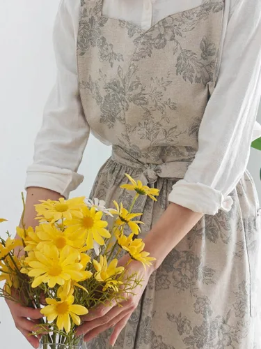 Miniatura 5 de Delantal de cocina floral de algodón impermeable para mujer, delantal ajustable con bolsillos, estilo vintage para cocinar y hornear