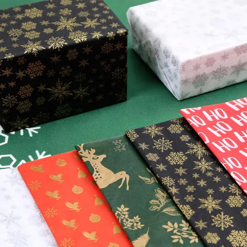 Miniatura 6 de PAPER FAIR HoHoHo - Juego de 100 hojas de papel de seda de regalo verde vintage dorado y plateado, papel de seda de copo de nieve HoHoHo, para caja