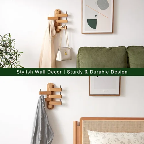 Miniatura 4 de Perchero giratorio para pared, ganchos de pared de madera de roble con 5 brazos plegables giratorios, estante de entrada para dormitorio, entrada