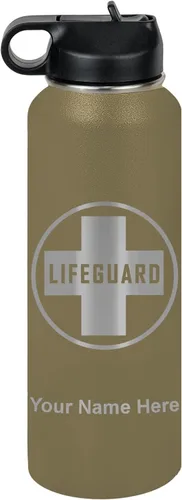 Miniatura 68 de LaserGram Botella de agua personalizada, salvavidas, acero inoxidable de doble pared aislada al vacío con popote superior, regalo grabado Negro