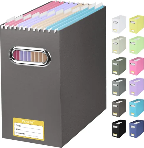 Miniatura 24 de BALEINE Caja organizadora de archivos, organizador de carpetas de archivos de cartón con asa para tamaño carta, caja de archivos plegable portátil