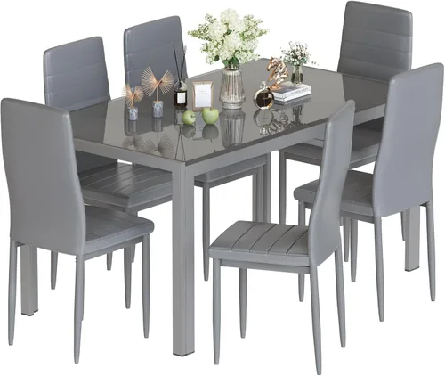 Hooseng Juego de mesa de comedor para 6, mesa de cocina de vidrio templado con 6 sillas de piel sintética, juegos de comedor de 7 piezas para