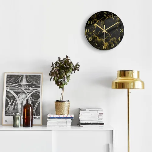 Miniatura 7 de VIKMARI Reloj moderno con textura de mármol negro, manecillas doradas, decoración de cocina, reloj de pared de 12 pulgadas, funciona con pilas, sin