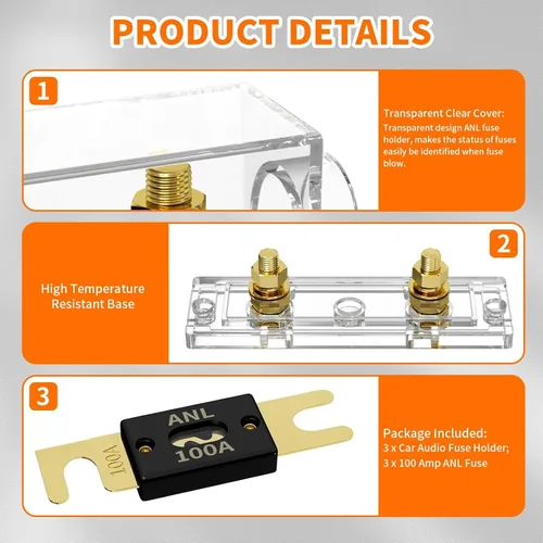Miniatura 5 de Joinfworld Portafusibles ANL de 100 amperios con fusible ANL de 100 A, bloque de fusibles ANL calibre 0/2/4 para sistema de audio de automóvil