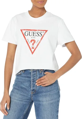 GUESS Camiseta esencial de manga corta con logotipo de ajuste clásico para mujer