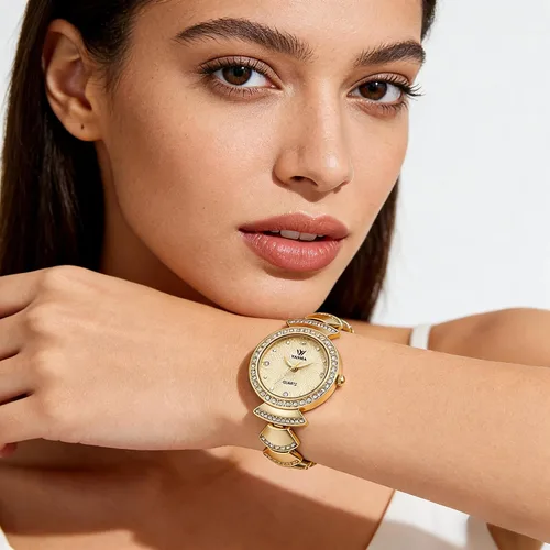Miniatura 3 de 1080P Reloj dorado para mujer, esfera redonda pequeña, reloj de pulsera de cadena de diamantes de imitación ajustable, impermeable, reloj de pulsera