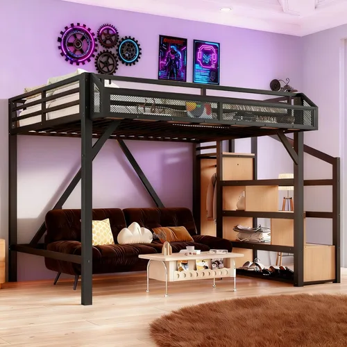 Miniatura 10 de Bellemave Cama tipo loft de metal tamaño Queen con escaleras de almacenamiento, estantes y armario, marco de cama tipo loft tamaño Queen con luces