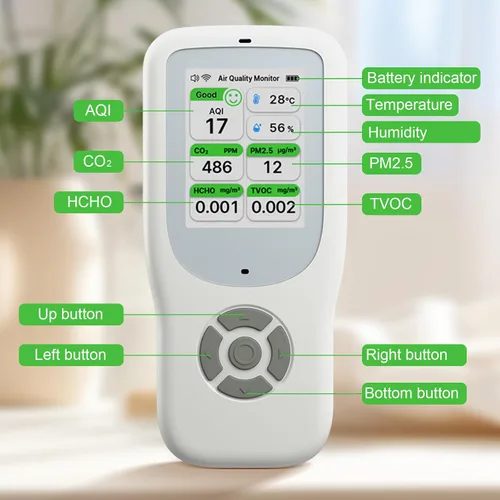 Miniatura 6 de Monitor de calidad del aire interior 9 en 1, probador portátil de calidad del aire para PM1.0, PM2.5, PM10, CO2, TVOC, HCHO, AQI, temperatura