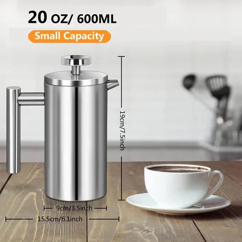 Miniatura 2 de Cafetera de prensa francesa pequeña de 600ml, prensa francesa de acero inoxidable de doble pared para viajes y camping, incluye 2 filtros extra y 1