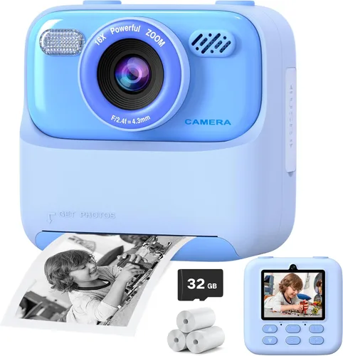 Miniatura 12 de Cámaras digitales instantáneas para niños y niñas, cámara digital selfie HD de doble lente 1080P con papel de impresión y tarjeta de 32G, regalos