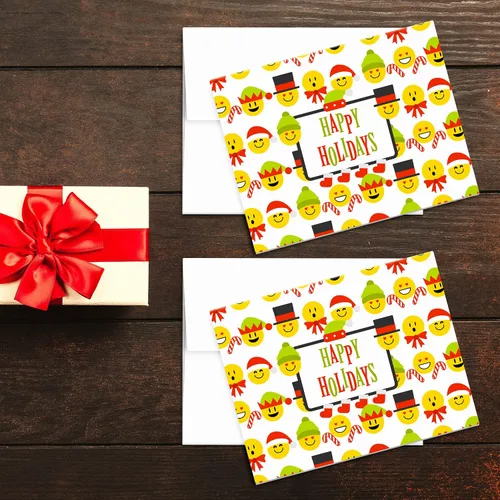 Miniatura 5 de Tarjetas de felicitación de Happy Holidays, rojo y verde, divertido patrón de emoji lindo, plegable en blanco para Navidad y Año Nuevo, 4.25 x 5.5