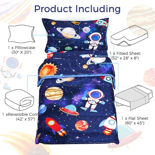 Miniatura 3 de SWESEN Juego de ropa de cama para niños pequeños, juego de ropa de cama azul espacial, suave y ligero de 4 piezas, incluye edredón, sábana encimera