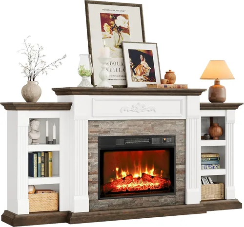 Miniatura 13 de LGHM - Soporte de TV para chimenea de 80", para televisores de hasta 90 pulgadas, chimenea eléctrica con repisa, centro de entretenimiento