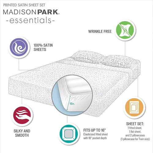Miniatura 153 de Madison Park Essentials - Juego de sábanas de satén de lujo y sedoso con brillo natural, bolsillo elástico de 14 pulgadas para colchones de hasta 16