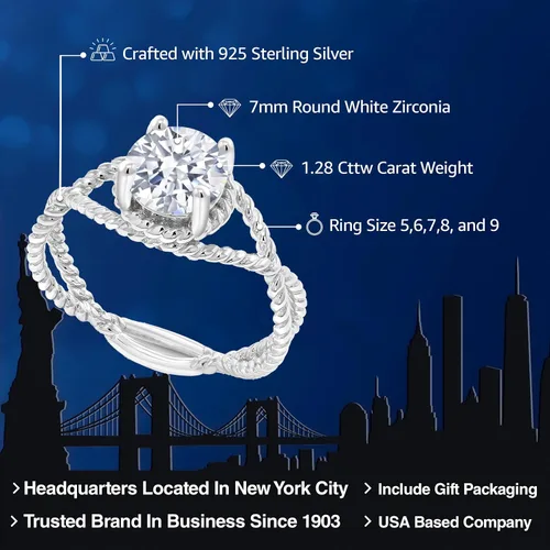Miniatura 15 de Gem Stone King 7MM Round Gemstone Birthstone Solitaire Ring for Women Twisted Rope Band in 925 Sterling Silver Available in Sizes 5, 6, 7, 8, 9