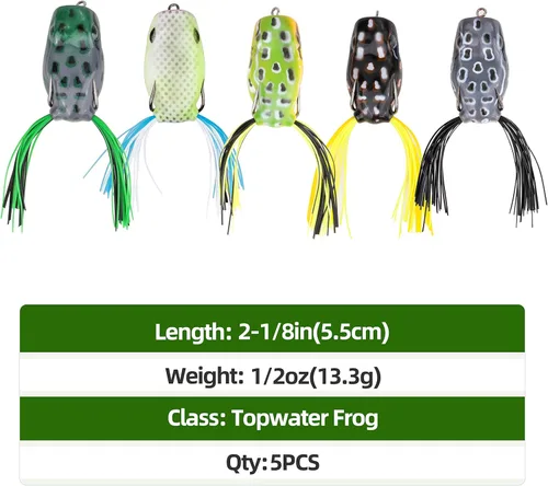Miniatura 4 de RUNCL Topwater - Señuelos de rana – 5 piezas de cebos de silicona duraderos y realistas para agua dulce y salada, señuelos flotantes realistas