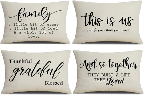 Juego de 4 fundas de almohada de granja de 12 x 20 pulgadas, funda de almohada lumbar de Thankful Grateful Blessed Family, con cita en inglés "This