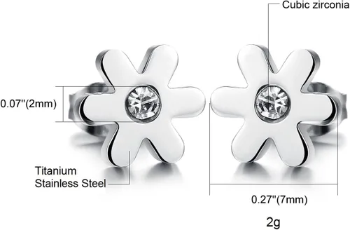 Miniatura 5 de Aegean Jewelry - Aretes tipo dormilona de titanio de acero inoxidable con caja de regalo y un pequeño regalo gratis, Circonia cúbica
