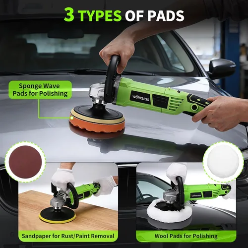 Miniatura 4 de Pulidora de búfer, 1600 W, 6 pulgadas/7 pulgadas, cera pulidora rotativa para automóvil, 7 velocidades variables 1600-3500 RPM, pulidora y pulidora