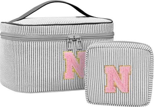 Miniatura 60 de Juego de bolsas de maquillaje con iniciales para niñas y mujeres, bolsa de cosméticos con monograma con soporte para cepillos, estuche de maquillaje