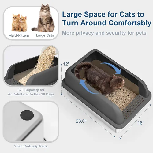 Miniatura 4 de Caja de arena de acero inoxidable para gatos con tapa cerrada, caja de arena extra grande para gatos grandes, bandeja de arena de metal XL