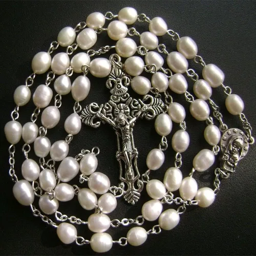 Miniatura 3 de elegantmedical Hecho a mano AAA 8-9MM perla natural perlas rosas rosario crucifijo Jesús cruz católica collar caja, Metal