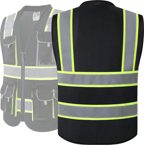 Miniatura 2 de JKSafety Chaleco de seguridad de malla con 10 bolsillos con cuello acolchado, chaleco Hi Vis, cintas reflectantes con tiras amarillas neón Negro