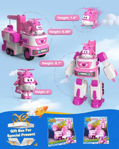 Miniatura 5 de Super Wings - Remolque de rescate de Dizzy's de 7 pies con mini figura rosa de Transform-a-Bot de 2 pies, juego de vehículos de juguete de avión