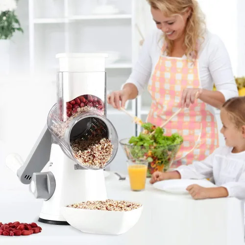 Miniatura 9 de Ourokhome rallador giratorio de queso, triturador con 3 cuchillas de tambor, rebanador rápido y manual para frutos secos, con base con gran succión