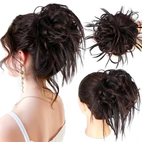 Miniatura 47 de HMD - Extensiones de cabello tipo chongo alborotado con rodelo despeinado, banda elástica de goma, extensiones de cabello sintético para mujer
