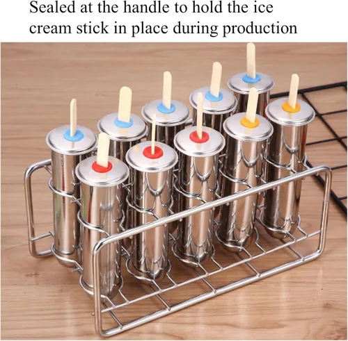 Miniatura 3 de 10 moldes de acero inoxidable para paletas y moldes para paletas de helado con 10 máquinas redondas de paletas de hielo + 100 palos de bambú Plata