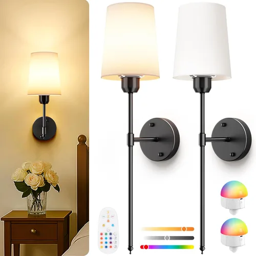 Miniatura 9 de Apliques de pared operados por batería juego de 2, lámparas de pared inalámbricas color bronce con bombillas magnéticas recargables y control