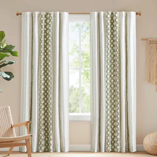Miniatura 13 de INK+IVY Cortinas Boho para Dormitorio PANEL ÚNICO Cortinas de Ventana para Sala de Estar, 100% Algodón con Rayas de Chenilla Copetuda Estilo Granja