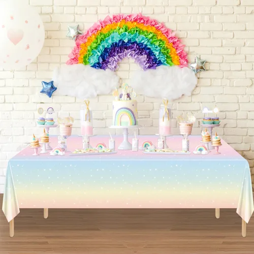 Miniatura 6 de Paquete de 2 manteles de arcoíris pastel, 51 x 87 pulgadas, desechables, de plástico, rectangulares, para niñas, decoración de fiesta de cumpleaños