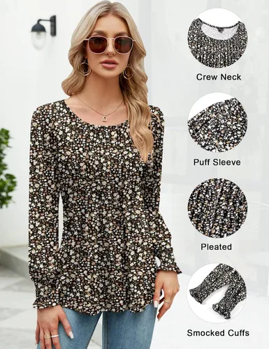 Miniatura 2 de LOMON Blusa de verano para mujer, manga largacorta, plisada, cuello redondo, blusas casuales sueltas