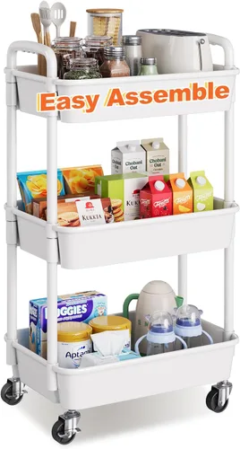 Carrito rodante de 3 niveles con ruedas, carrito de plástico blanco de tres niveles con ruedas con cerradura, carrito organizador de almacenamiento