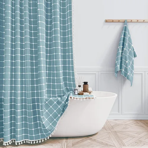 Miniatura 40 de BTTN Juego de cortinas de ducha estilo bohemio de granja con borlas, tela rústica de lino resistente, repelente al agua, cortinas de ducha gruesas A