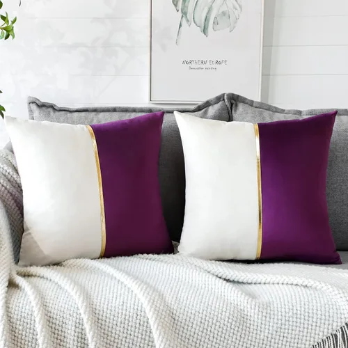 Miniatura 10 de OTOSTAR Fundas de almohada de terciopelo amarillo y blanco con retazo de cuero dorado, lujosas, modernas, minimalistas, cuadradas, para sala