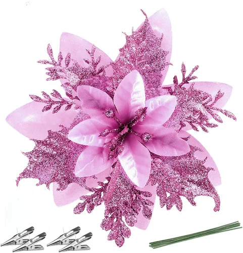 Miniatura 12 de FurRain Flores Artificiales de Navidad de Poinsettia 5.5" Guirnalda de Árbol de Navidad 12 Piezas Flores con Brillantina Adornos para Navidad Nueva