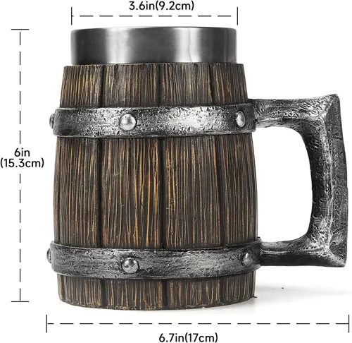 Viking - Jarra de barril de madera creativa pintada a mano, jarra de cerveza de resina pintada a mano, taza de café 304 SS Liner Copa de vino hecha