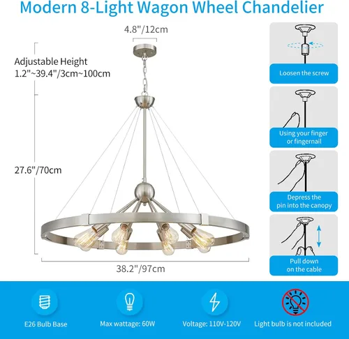 Miniatura 3 de XINGQI Lámpara de araña grande de 38 pulgadas con ruedas de carro, moderna lámpara colgante de níquel cepillado, 8 luces rústicas para comedor, sala