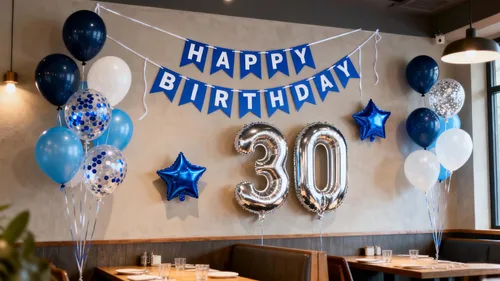 Miniatura 2 de Decoración de fiesta de cumpleaños número 30 para hombres, pancarta de feliz cumpleaños, color azul, plateado, número 30, globos de papel