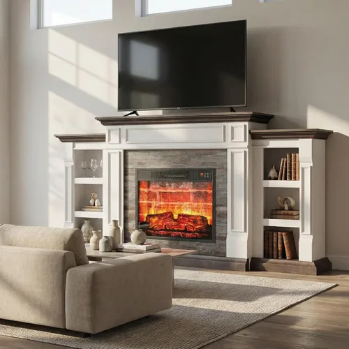 Miniatura 9 de LGHM Chimenea eléctrica de 72 pulgadas con repisa, soporte de TV para televisores de hasta 80 pulgadas, centro de entretenimiento estilo granja