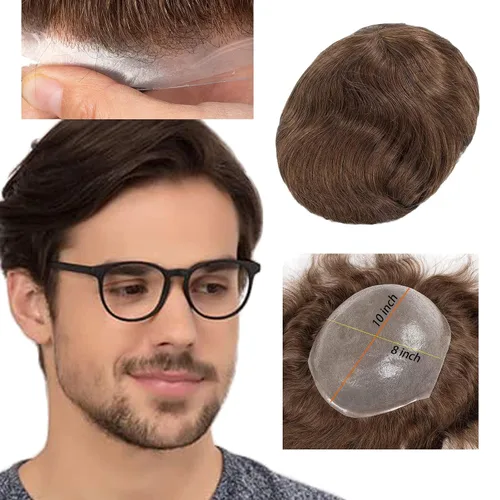 Miniatura 11 de Toupee para hombres, piel fina y suave, 100% cabello humano real europeo, piezas de cabello para hombre, 8x10 pulgadas, sistema de reemplazo de #1