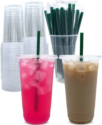 Miniatura 7 de [100 juegos] Vasos de plástico transparente de 24 onzas con tapas y pajitas, vasos desechables de fiesta para llevar café helado, bebidas frías