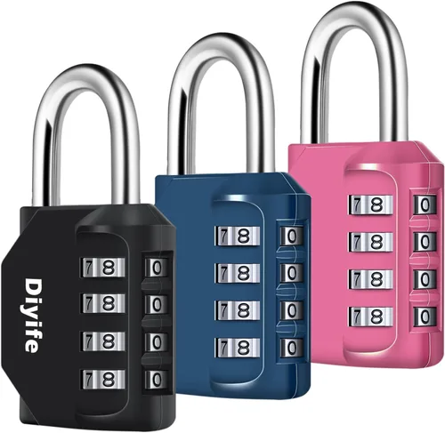 Miniatura 10 de Diyife - Paquete de 3 candados combinados de 4 dígitos, cerradura de combinación para exteriores, impermeable, cierre de combinación de metal y Negro