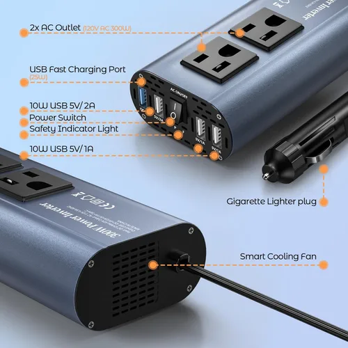 Miniatura 8 de Inversor de corriente para automóvil de 300 W, DC 12 V a 110 V CA adaptador de enchufe de automóvil con cargador rápido USB (25 W), USB-A (20 W)