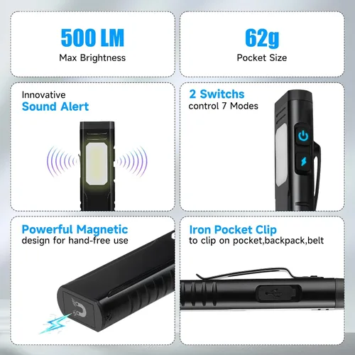 Miniatura 2 de linterna recargable EDC con beeper de sonido, linternas planas portátiles de bolsillo, linterna magnética pequeña, linterna de mano con clip de luz