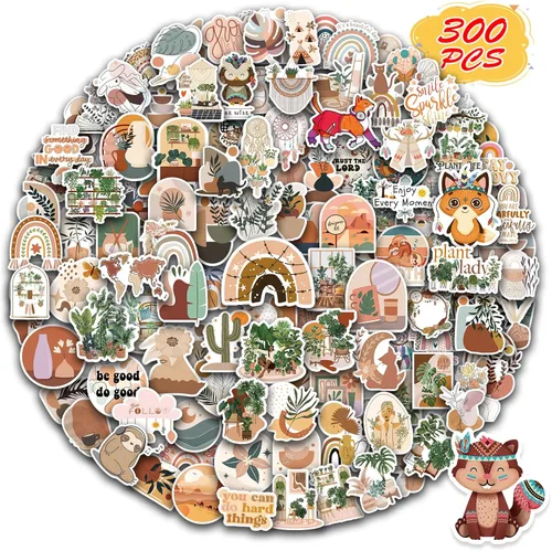 BarrelTree - 300 piezas calcomanías estéticas boho, lindas calcomanías de vinilo impermeables para botellas de agua, laptop, teléfono, diario,