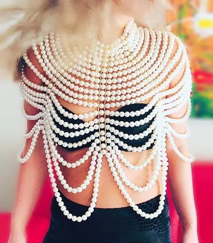 Miniatura 9 de Collar de chal de cadena de cuerpo de perlas, sujetador de perlas, cadena de hombro con cuentas sin espalda, cadenas en el pecho, traje rave
